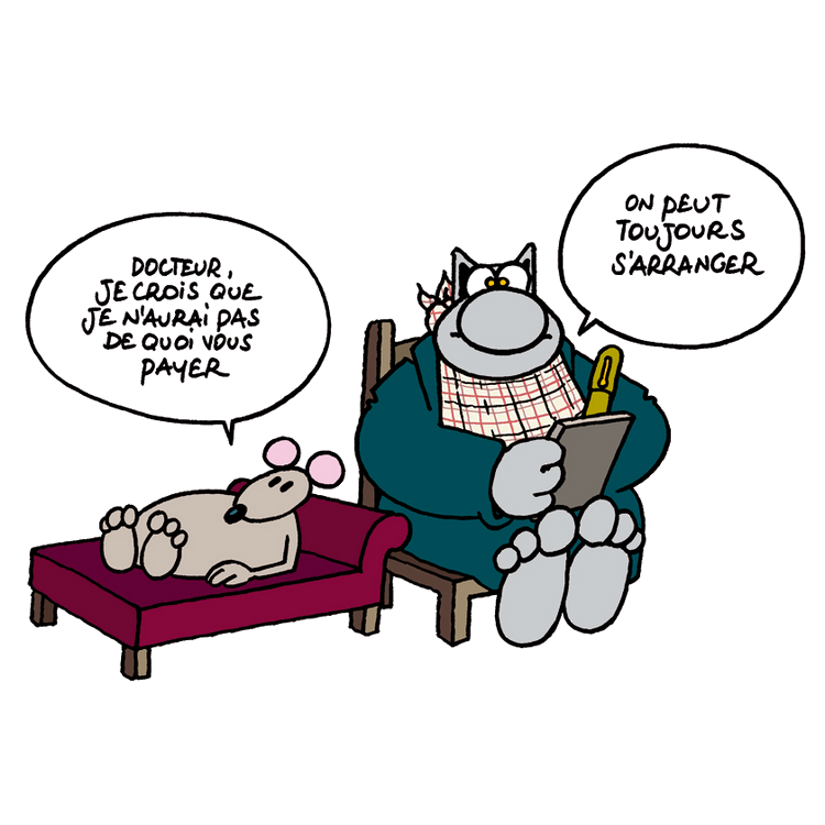 Dessin de Philippe Geluck, représentant une souris dans le rôle d'un patient, et un chat, dans le rôle d'un psychologue.